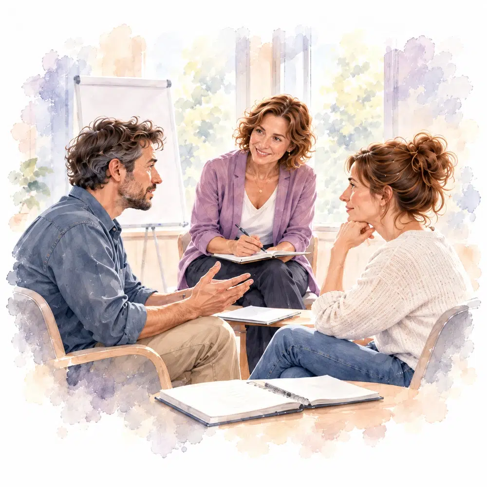 Deux professionnels pratiquent un dialogue en face à face, accompagnés par une formatrice qui prend des notes.