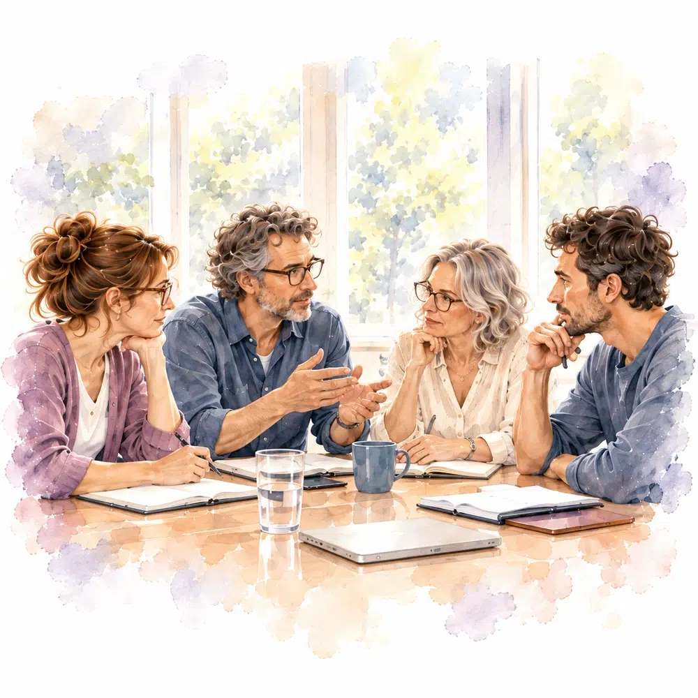 Quatre professionnels échangent autour d’une table avec des carnets ouverts dans une salle lumineuse.