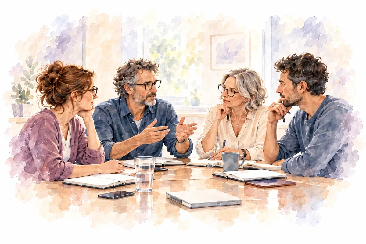 Quatre professionnels échangent autour d’une table avec des carnets ouverts dans une salle lumineuse.