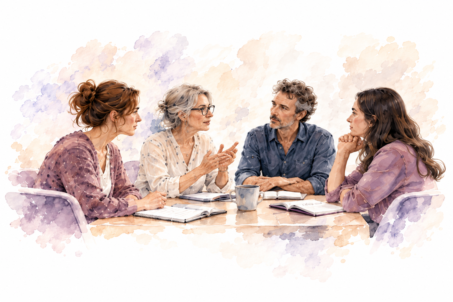 Quatre professionnels échangent autour d’une table avec des carnets ouverts.