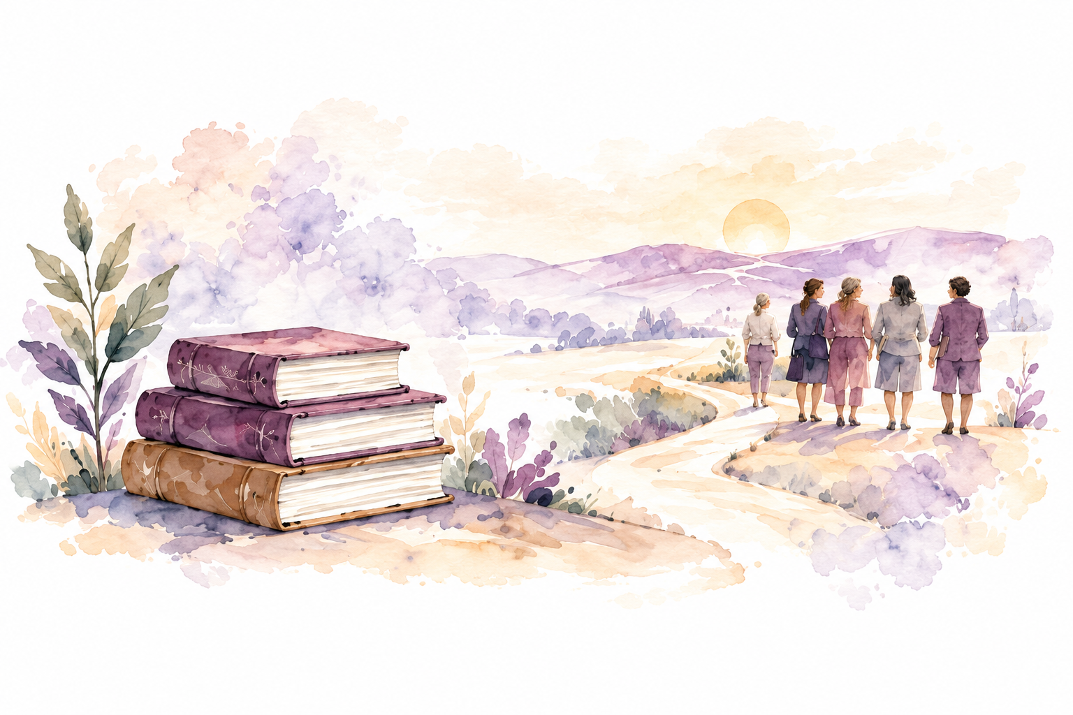Livres au premier plan et groupe cheminant dans un paysage aquarellé.