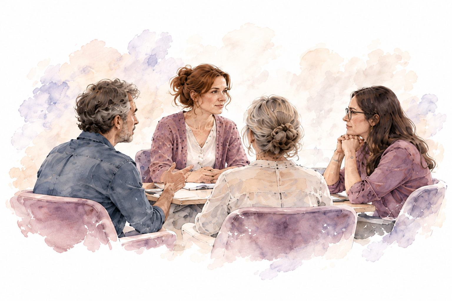 Quatre professionnels réunis autour d’une table, en discussion et à l’écoute.