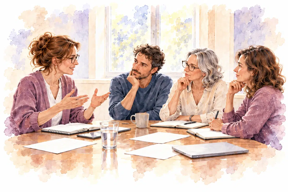 Quatre professionnels échangent autour d’une table avec des carnets ouverts et des feuilles de notes.