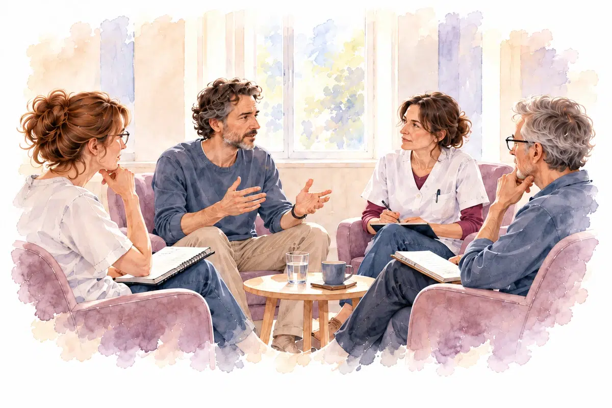 Quatre professionnels assis en cercle échangent, des carnets sur les genoux, autour d’une petite table.