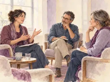 Trois professionnels assis en cercle échangent dans une salle lumineuse, des carnets sur les genoux.