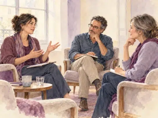Trois professionnels assis en cercle échangent dans une salle lumineuse, des carnets sur les genoux.