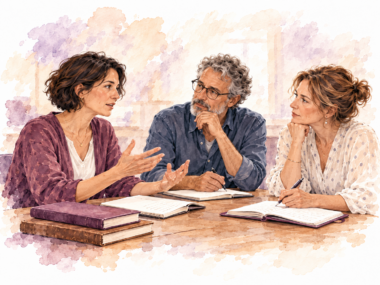Illustration de trois professionnels échangeant autour d’une table avec des livres et des carnets ouverts.