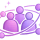 Icône violet et rose représentant trois silhouettes humaines reliées par des orbites, symbolisant la formation TLMR à l’Institut Mimethys